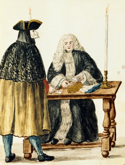 Magistrato che gioca a carte con uomo mascherato da Jan van Grevenbroeck