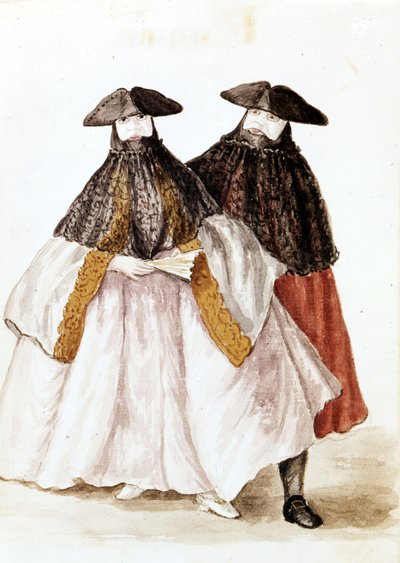 Maschere del Carnevale di Venezia. Disegno ad acquerello e inchiostro dal manoscritto “Costumi dei Veneziani” di Jan van Grevenbroeck (o Giovanni Grevembroch) (1731-1807) da Jan van Grevenbroeck