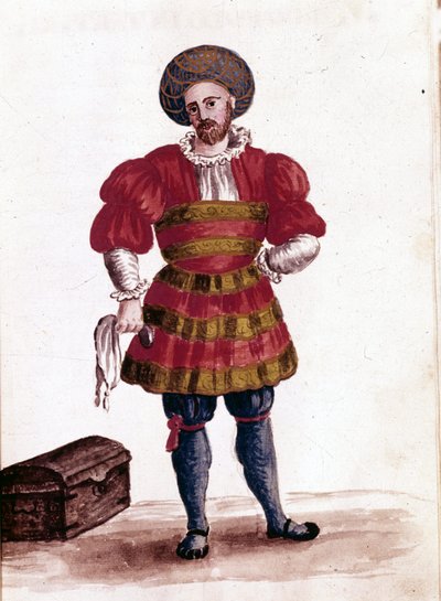 Mercante di Venezia nel XV secolo. Disegno ad acquerello e inchiostro dal manoscritto “Costumi dei Veneziani” di Jan van Grevenbroeck (o Giovanni Grevembroch) (1731-1807) da Jan van Grevenbroeck