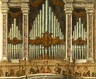 Organo, dettaglio dalla cantata delle putte, di Giovanni Grevembroch da Jan van Grevenbroeck