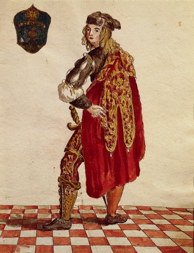 Abito di cavaliere della Confraternita della Calza nel 1564, da Gli Abiti de Veneziani, libro illustrato di costumi da Jan van Grevenbroeck