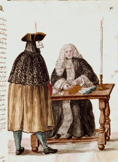 La sala da gioco: un personaggio mascherato davanti al mazziere che distribuisce le carte da Jan van Grevenbroeck