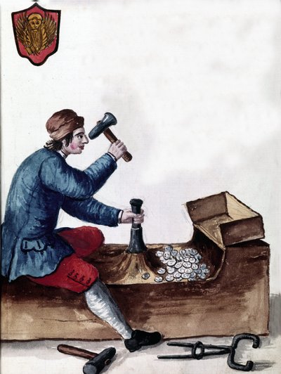 La fabbricazione delle monete della Repubblica di Venezia: fase di coniazione. Disegno ad acquerello e inchiostro dal manoscritto "Costumi dei Veneziani" di Jan van Grevenbroeck (o Giovanni Grevembroch) (1731-1807) da Jan van Grevenbroeck