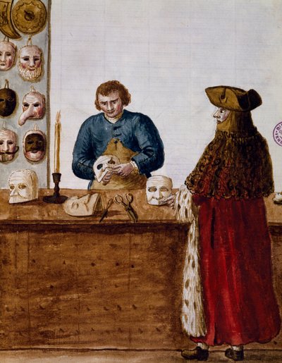 Il negozio di maschere, illustrazione da Libro illustrato dei costumi veneziani da Jan van Grevenbroeck