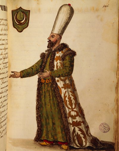 Ambasciatore turco a Venezia, incisione colorata di Giovanni di Grevembroch, da Gli abiti de veneziani (costumi dei veneziani), volume II, tavola 121 da Jan van Grevenbroeck