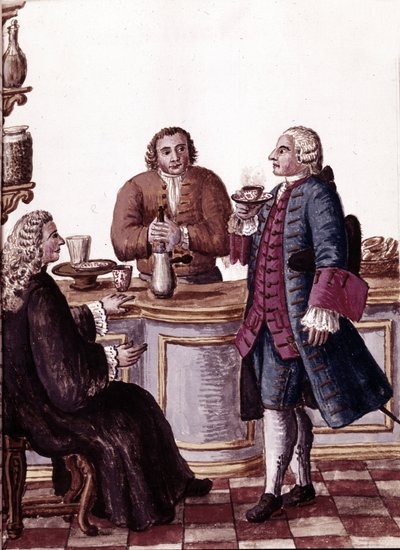 Nobili veneziani al caffè, uno di loro sta gustando una cioccolata. Disegno ad acquerello e inchiostro dal manoscritto "Costumi dei Veneziani" di Jan van Grevenbroeck (o Giovanni Grevembroch) da Jan van Grevenbroeck