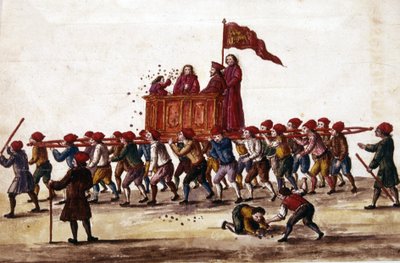 Feste veneziane. Il principe appena eletto viene portato in trionfo dagli operai dell
