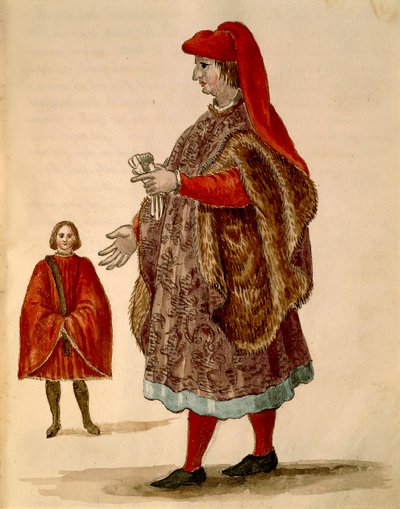 Senatore veneziano che indossa la "Dogalina", veste formale con maniche larghe, Gli Abiti de Veneziani, da libro illustrato di costumi da Jan van Grevenbroeck