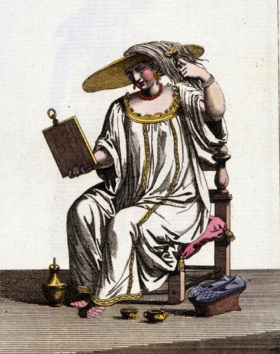 Metodo delle donne veneziane per schiarire i capelli al sole nel XVII - XVIII secolo. Disegno ad acquerello e inchiostro dal manoscritto "Costumi dei Veneziani" di Jan van Grevenbroeck (o Giovanni Grevembroch) (1731-1807) da Jan van Grevenbroeck