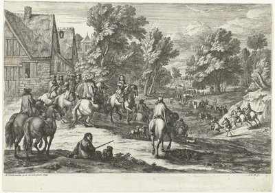 Veduta di un villaggio con cavalieri in primo piano da Jan van Huchtenburg