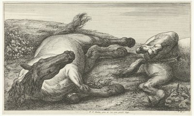Due cavalli caduti di cui uno visto di fronte Cavalli caduti (titolo della serie) da Jan van Huchtenburg
