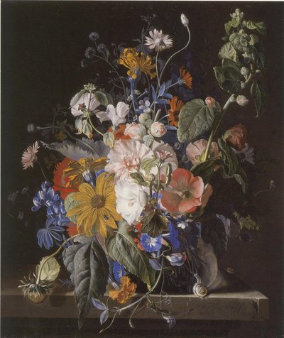 Natura morta di fiori e lumache su una sporgenza di pietra da Jan van Huysum