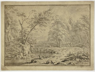 Paesaggio con pastori vicino al fiume e uomo a cavallo da Jan van Huysum