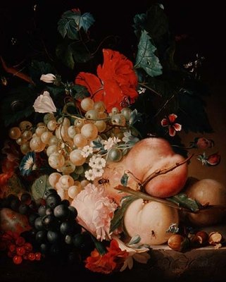 Fiori misti e frutta con insetti su un plinto di marmo da Jan van Huysum