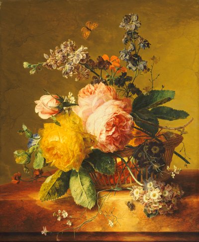 Rose e altri fiori in un cesto su un ripiano di marmo da Jan van Huysum