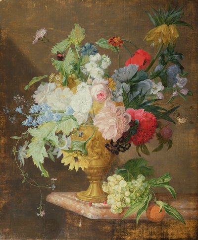 Natura morta di fiori in un vaso dorato su un ripiano di marmo da Jan van Huysum