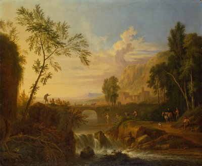 Paesaggio boscoso con una coppia di contadini vicino a una tomba e pescatori vicino a una cascata da Jan van Huysums