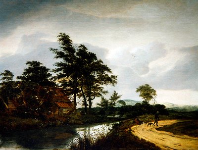 Paesaggio fluviale con un cottage, due contadini e il loro cane da Jan van III Kessel