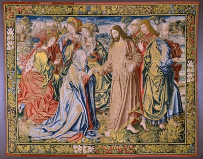 Arazzo fiammingo. Serie Il Cielo di Carlo V. Cristo saluta sua Madre. Cartonista Jan van Coninxloo. Manifattura di Julien Portois, Mechelen (Malines). Ca 1521. da Jan van II Coninxloo