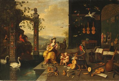 Una Personificazione della Musica: Una Giovane Donna che Suona un Liuto su una Terrazza davanti a una Galleria Aperta da Jan van Kessel