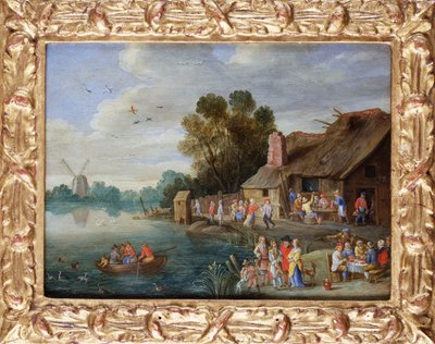 Paesaggio fluviale con nobili in una locanda di villaggio da Jan van Kessel