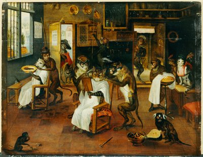 Una singerie: Barbieri scimmie che servono gatti da Jan van Kessel