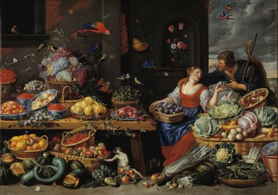 Mercato di frutta e verdura con una giovane venditrice di frutta da Jan van Kessel d.Æ.
