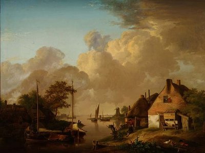 Paesaggio fluviale con villaggio, chiatte e contadini da Jan van Os