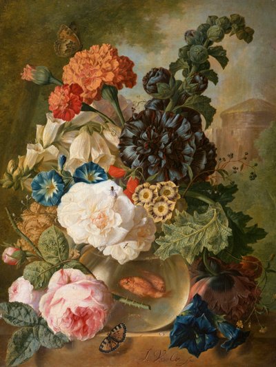 Rose, crisantemi, peonie e altri fiori in un vaso di vetro con pesci rossi su un ripiano di pietra da Jan van Os