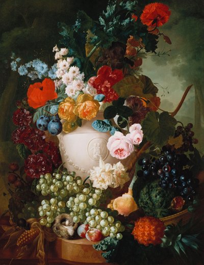 Rose, papaveri e altri fiori in un vaso scolpito con frutta, un topo e un nido di uccelli su un ripiano di pietra da Jan van Os