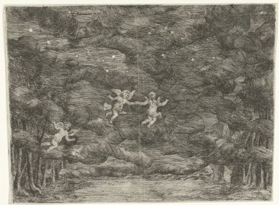 Scenografia con angeli nel cielo notturno da Jan van Ossenbeeck
