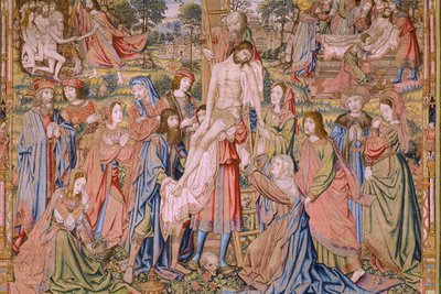 Arazzo fiammingo. Serie La passione di Cristo: Discesa dalla croce. Manifattura Pieter van Aelst. Cartonista Jan van Roome. Ca 1507-1520. (dettaglio) da Jan van Roome