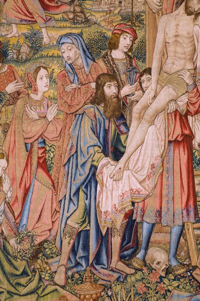 Arazzo fiammingo. Serie La passione di Cristo: Deposizione dalla croce. Manifattura Pieter van Aelst. Cartonista Jan van Roome. Ca 1507-1520. (dettaglio) da Jan van Roome
