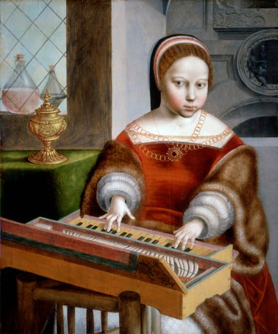 Giovane donna che suona un clavicordo da Jan van Sanders workshop of Hemessen