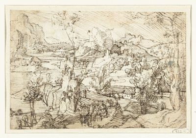 Paesaggio con rocce, figure e una nave a vela da Jan van Scorel (attributed to)