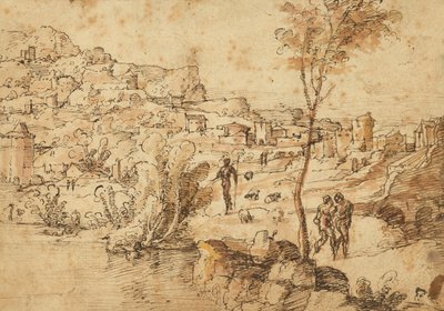 Paesaggio con pastori lungo un fiume e una città (recto); studi di figure e rovine romane (verso) da Jan van Scorel