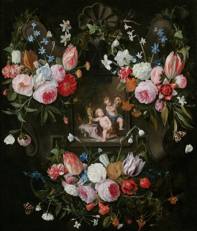 Natura Morta con Cartiglio di Fiori Attorno a un