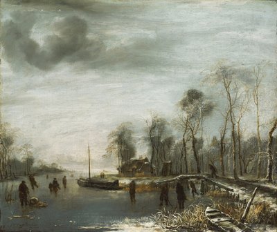Paesaggio invernale con pattinatori e giocatori di colf su un corso d