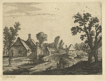 Veduta di un villaggio con donna e bambino nella strada del villaggio da Jan van de Cappelle (attributed to)