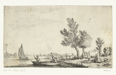 Paesaggio fluviale con due uomini in una barca a remi da Jan van de Cappelle (attributed to)