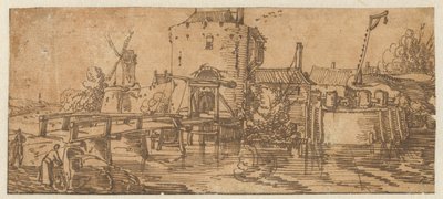 Veduta di una città (Culemborg?) con un ponte davanti a una porta da Jan van de Velde (II)