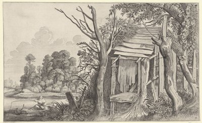 Pescatore presso una capanna diroccata in un paesaggio da Jan van de Velde (II)