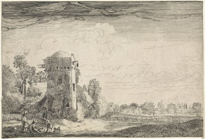 Cacciatori con cani vicino a una torre in un paesaggio da Jan van de Velde (II)