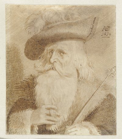Uomo con colletto di pelliccia, cappello e bastone da Jan van de Velde (II)