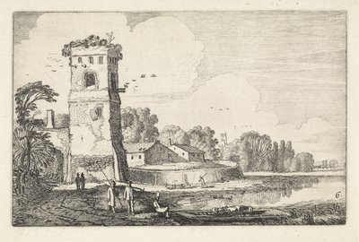 Ponte con pecore vicino a una torre in un paesaggio fluviale da Jan van de Velde (II)