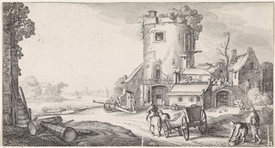 Soldati presso una torre in un paesaggio fluviale da Jan van de Velde (II)