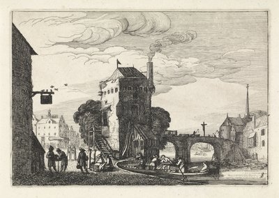 Veduta urbana con un ponte su un fiume (serie: Paesaggi) da Jan van de Velde (II)