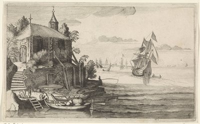 Due alberi vicino a una costa con una cappella (Scene marine) da Jan van de Velde (II)