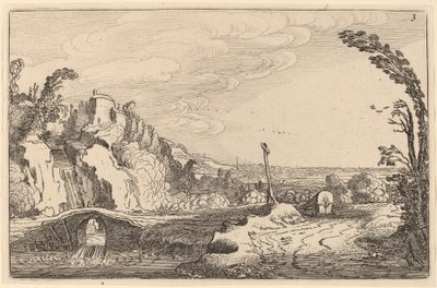 Cascata sotto un ponte di pietra da Jan van de Velde II