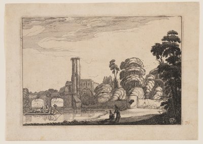 Traghetto davanti a un ponte di pietra da Jan van de Velde II